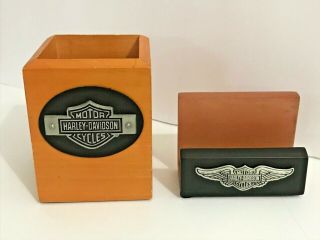 Harley Davidson (1) Wooden Pencil Pen Holder And (1) Business Card Holder