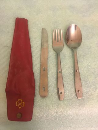 Vintage Girl Scouts Silverware Boker Fork Knife Spoon Set Red Case Utensils