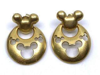 Vintage Signed Disney Gold Tone Mickey Mouse Post Door Knocker Hoop Earrings