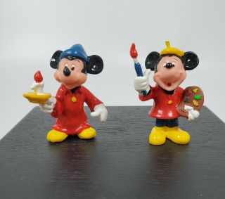 2 Vintage Walt Disney Pvc Figures Mickey Mouse Painter & Bedtime W/ Candle 1980s