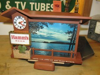 Vintage 1960s Hamms Beer Dawn To Dusk Motion Lighted Sign With Clock,