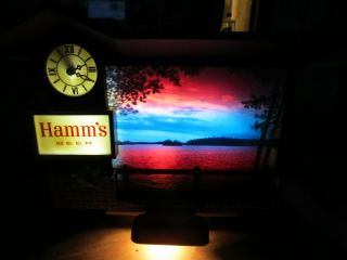 Vintage 1960s Hamms Beer Dawn to Dusk Motion Lighted Sign With Clock, 2