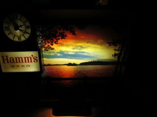 Vintage 1960s Hamms Beer Dawn to Dusk Motion Lighted Sign With Clock, 3