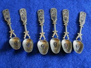 Set Of 6 Antique Vintage Silver Spoons Filigree Handles & Bowl Oriental Chinese