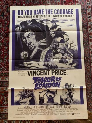 Vincent Price Vintage Tower Of London Movie Poster 1962 Murder Ghosts