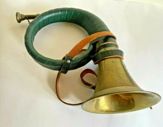 Vintage German Furst - Pless Brass Hunting Horn Green Leather Banding