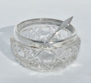 1901 Sterling Silver And Cut Glass Salt Cellar With Silver Salt Spoon