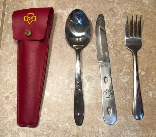 Vintage Girl Scout Silverware Fork Knife Spoon Set Red Case Utensils