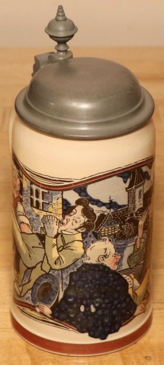 Outside Tavern At Midnight By Mettlach 1/2 L German Beer Stein 1909 1097 Pug