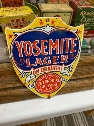 Old " Yosemite Lager Beer " Heavy Porcelain Advertising Sign (7 " X 5.  5 ") Sign