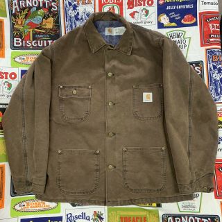 Vintage Carhartt Chore Coat Blanket Lined Work Jacket Large Made In Usa Brown