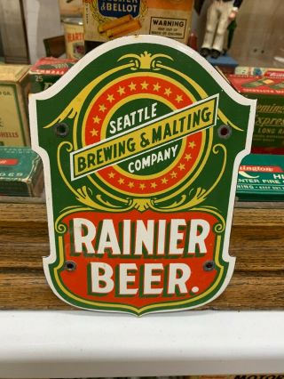 Old " Rainier Beer " Heavy Porcelain Advertising Sign (8.  5 " X 6 ") Great Sign,