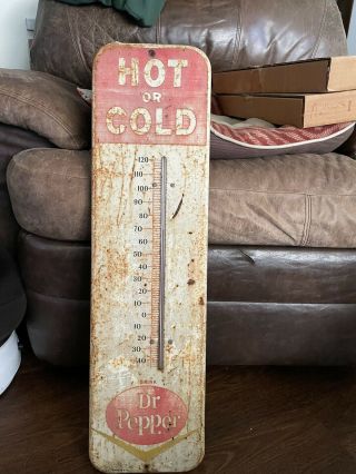 Vintage 1940s Dr Pepper Hot Or Cold Thermometer Sign 27x8 "