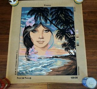 Vtg Needlepoint Canvas Royal Paris Tapestry Hawaii Island Woman France