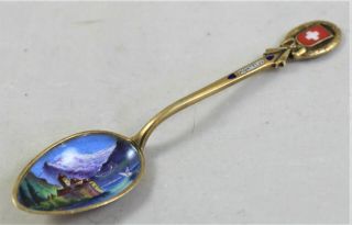 Montreux Switzerland Gilt Silver Souvenir Spoon With Enamel Bowl Chillon Castle