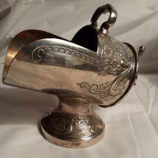 Vintage Silver Plate Sugar Scuttle W/ Scoop Floral Etched
