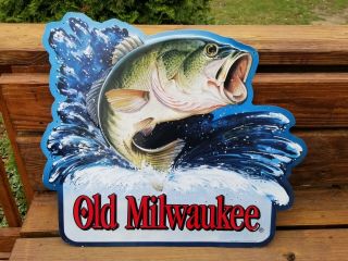 1994 Old Milwaukee Jumping Bass Fish Embossed Tin Sign Stroh Brewery 83413