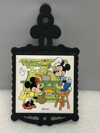 Vtg Disney Ceramic Tile Trivet Minnie & Mickey Mouse In Kitchen Cast Iron Frame