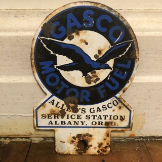 Vintage Allen’s Gasco Motor Fuel Metal License Plate Topper Sign