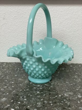 Vtg.  Fenton Aqua Turquoise Blue Hobnail Milk Glass Basket - 7 - 3/4 " T & 6 - 3/4 W