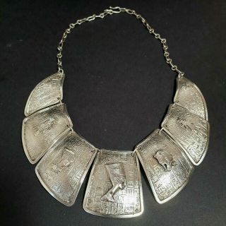Vintage Egyptian Revival Solid 800 Silver Panels Bib Necklace