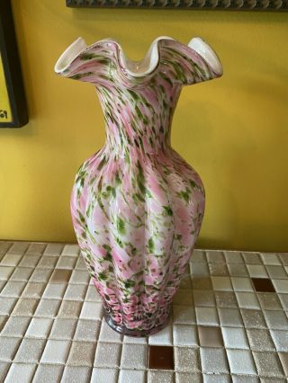 Vintage Fenton Art Glass Vase Murrhina Pink Green Gold 11 3/4 "