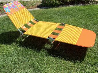 Vintage Folding Lawn Lounge Chair Beach Pool Vinyl Tube Plastic Orange Yellow