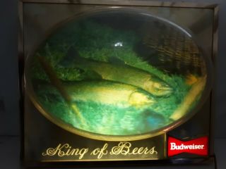 Budweiser " King Of Beers " Lighted 3d Bubble Trout Bar Advertising Sign 1950 
