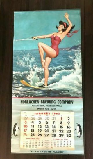 Vintage1965 Horlacher Beer Brewing Co Girl Calendar Sign Allentown Pa Pin Up