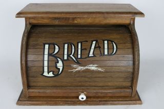 Vintage Wood Roll Top Bread Box Farm Country Kitchen Knock On Wood Corp Folk Art