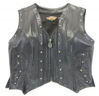 Vtg Usa Womens Harley Davidson Leather Vest Xl Black Studs Fringe Conchos Zip