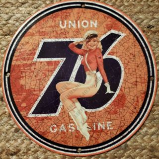 Vintage Porcelain Union 76 Gasoline Pump Push Plate Sexy Man Cave Garage Sign