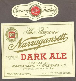 Narragansett Dark Ale Beer Label,  Irtp,  Narragansett,  Cranston,  Ri W/neck