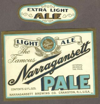 Narragansett Light Ale Pale Beer Label,  Irtp,  Narragansett,  Cranston,  Ri W/neck