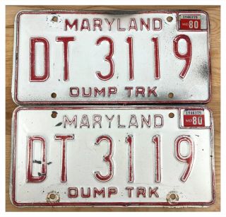 Maryland 1980 Dump Truck License Plate Pair Dt - 3119