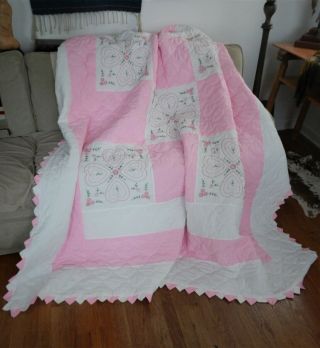 Vintage Handmade Embroidered Pink & White Four Leaf Clover Quilt Double 80 X 95