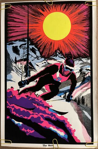 Vintage Poster The Skier Downhill Velvet Black Light Pin Up 1970’s