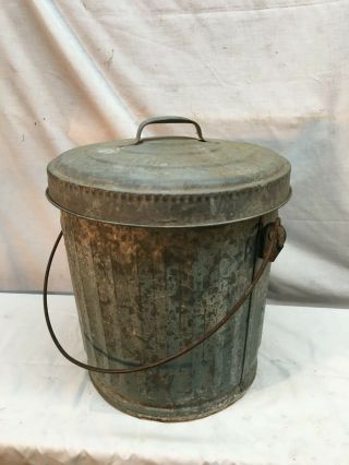 Vintage 1 Wheeling Galvanized Metal Garbage Trash Can 5 Gallon With Lid Feed