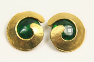 Estate Vintage Jewelry High End Designer Green Glass Modernist Tribal Earrings