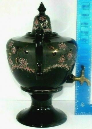 Vintage Porcelain Black Hand Painted Samovar With Hand Painted Pink Flowers