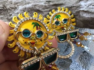 Vintage Lunch At The Ritz Palm Tree Beach Sun Sunglasses Crystal Dangle Earrings