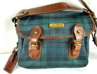 Vintage Polo Ralph Lauren Green Plaid Tartan Leather Shoulder Messenger Bag
