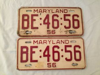 Maryland Md 1956 License Plate Set Pair Be:46:56