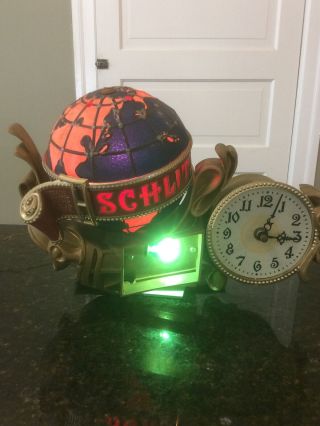 Vintage Schlitz Beer Bar Advertising Sign Lighted Rotating Globe & Clock