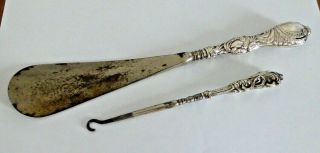 2 X Antique Ornate Hallmarked Silver Handled Button Hook And Shoe Horn