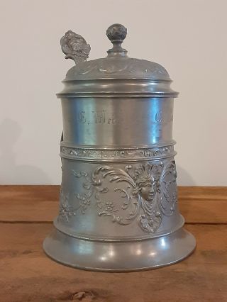 Antique 1895 German Spun Pewter Lidded Stein Mug Cherubs Decorative