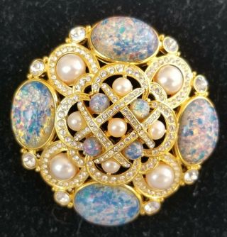 Vtg.  Joan Rivers Faux Pearl Opal Rhinestone Dome Brooch/necklace Combo Pin