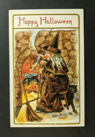 Vintage Happy Halloween Witch And Black Cat Embossed Postcard