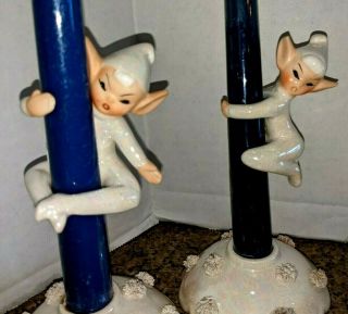 Pair Vintage Holt Howard Christmas Pixie Elf Candle Climbers Huggers W/ Bases