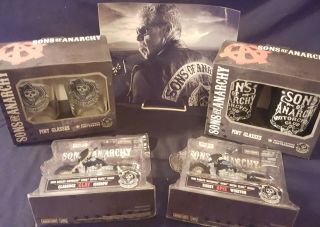 Sons Of Anarchy Pint Glass Set Bundle: Motorcycle Toys And B&w Glossy Photo